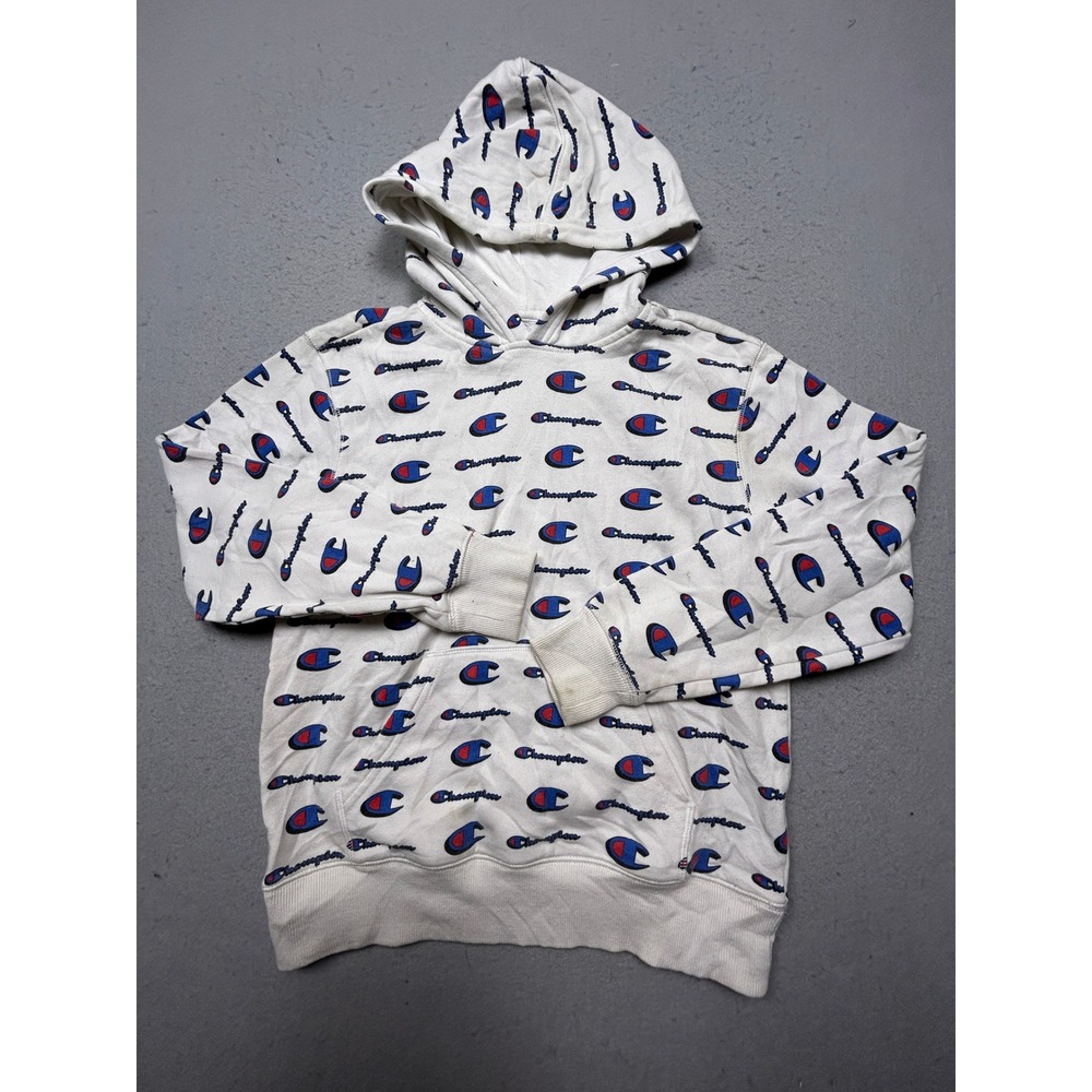Champion Hoodie Cotton Blend All Over Logo Print Cream Medium Mens